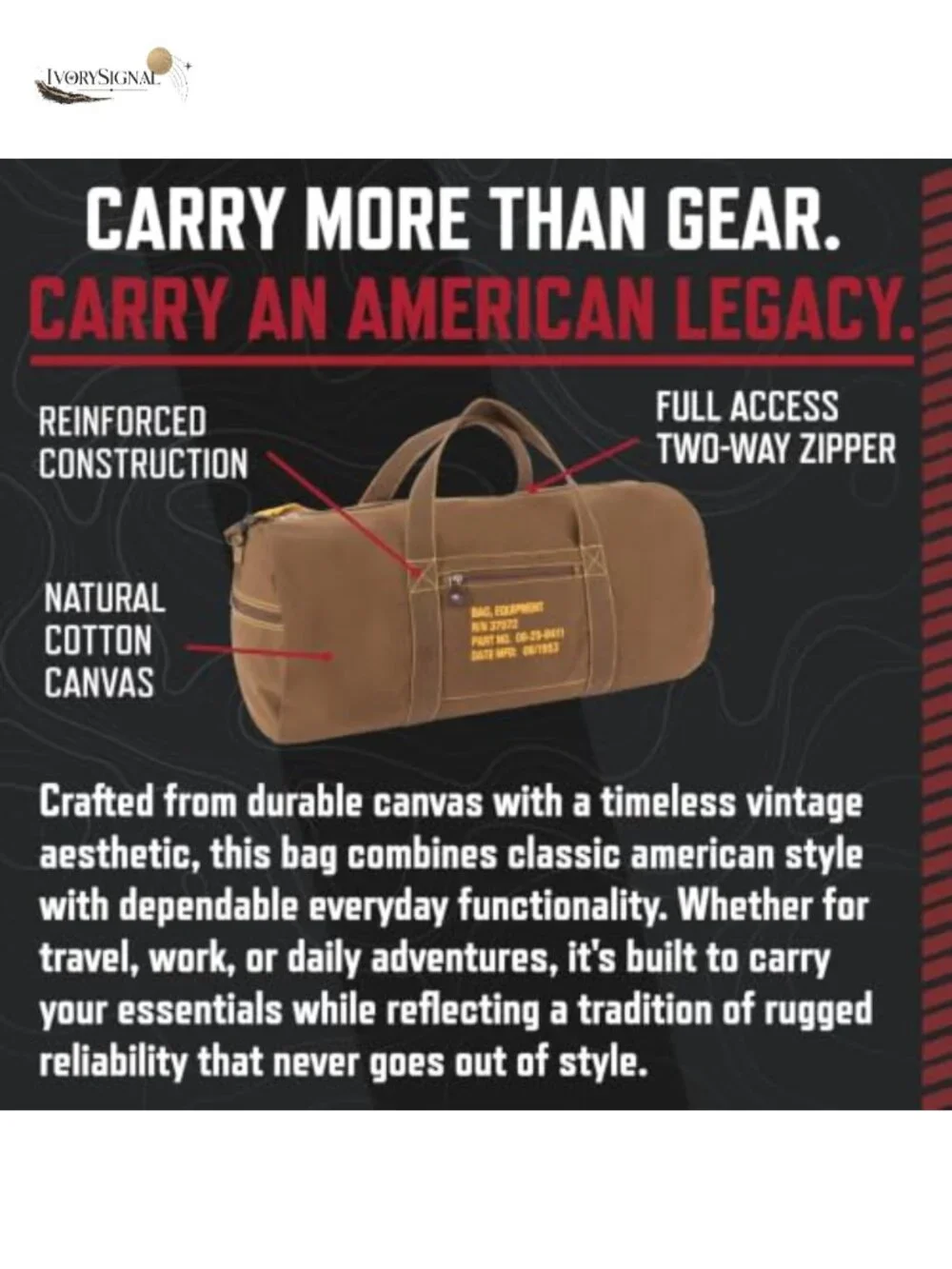 Heavyweight Cotton Canvas Equipment Bag Travel Duffel with Zippered Compartments